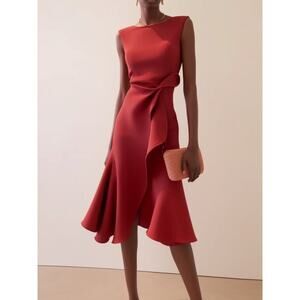Fehaute Womens Ruffled Asymmetric Midi Dress Size 4 Red Sleeveless Boat Neck NWT